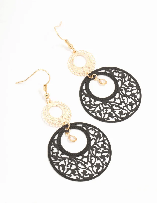 Personalized earrings with initials-Black Coated Metal Filigree Disc Drop Earrings