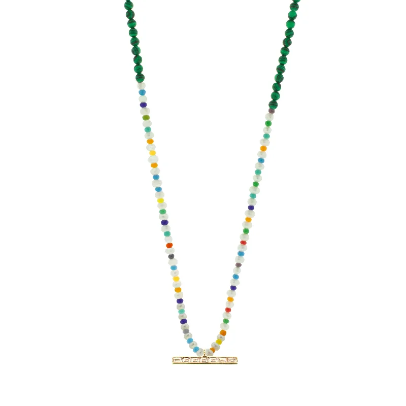 Artistic ladies necklaces for fashion-TLC Diamond Baguette ID Bar on Pearl Malachite Beaded Necklace