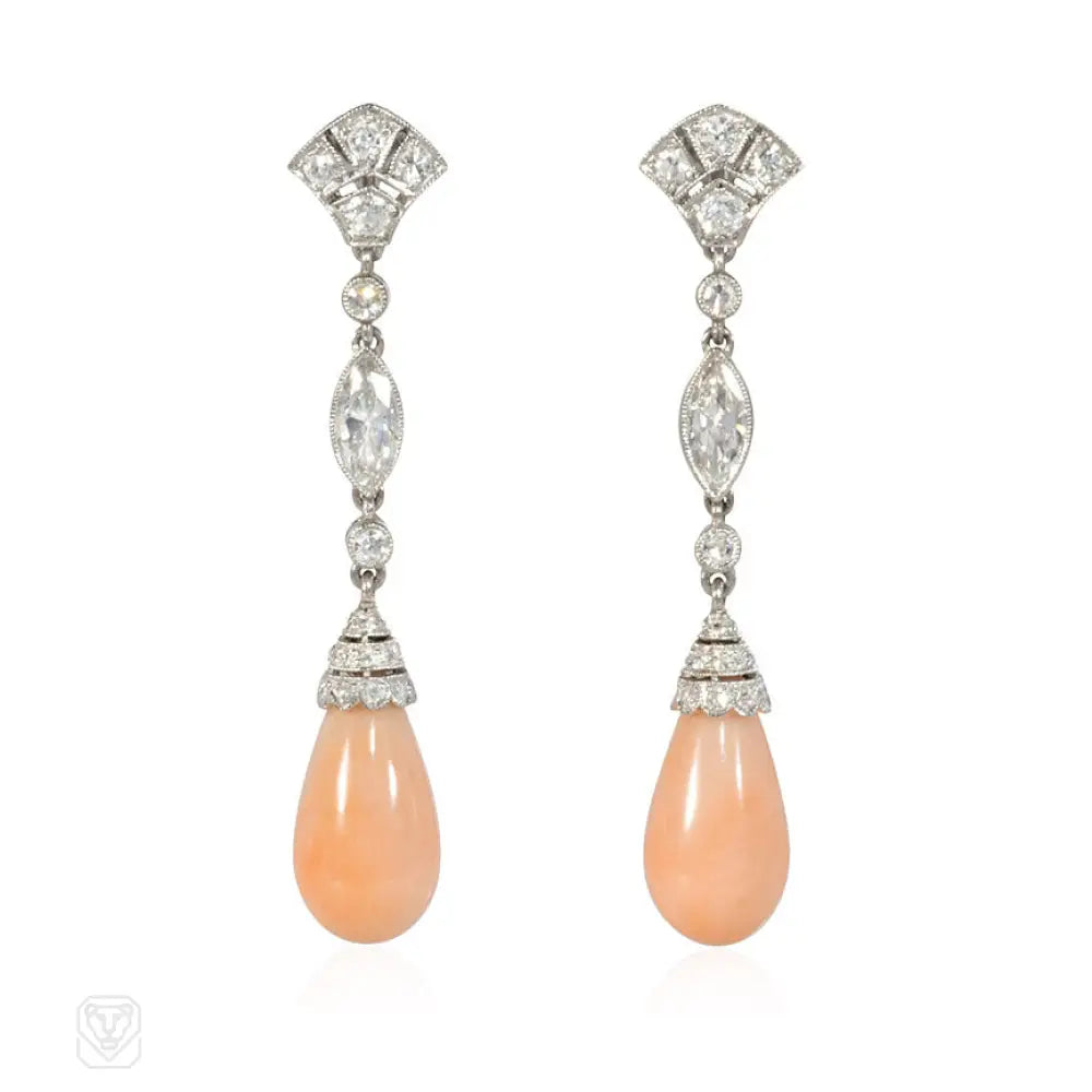 Elegant chandelier ladies earrings-Art Deco diamond and angel skin coral earrings