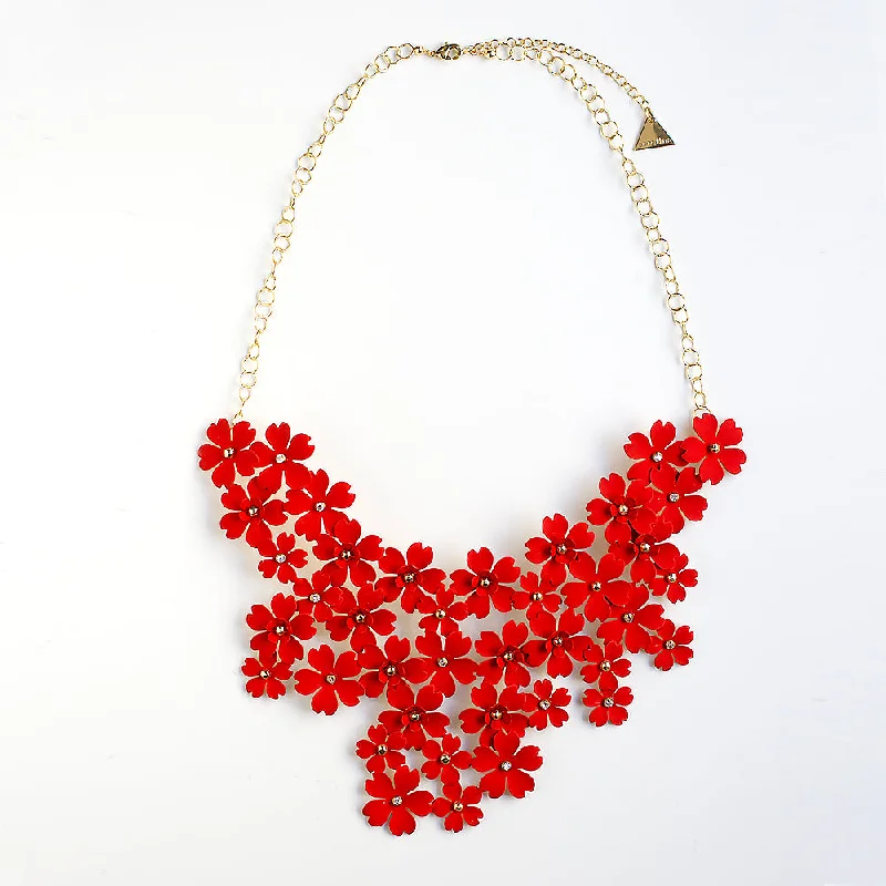 Stackable ladies necklaces for layering-Mega Floral Statement Bib Necklace - Red