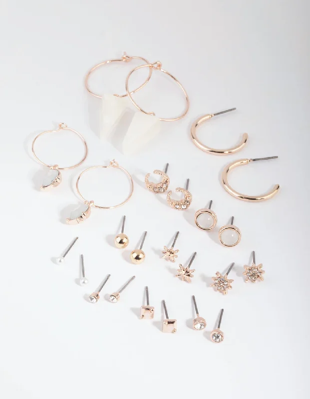 Hoop ladies earrings for women-Rose Gold Star & Triangle Stud & Drop Earring 12-Pack