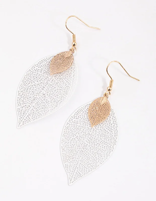 Elegant chandelier ladies earrings-Gold Double Leaf Drop Earrings