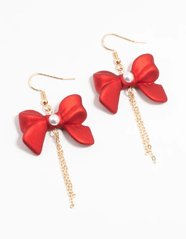 Beautiful emerald ladies earrings-Gold Pearlised Red Bow Chain Drop Earrings