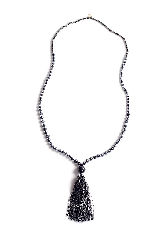 Minimalist ladies necklaces for women-Crystal Tassel Necklace - Black