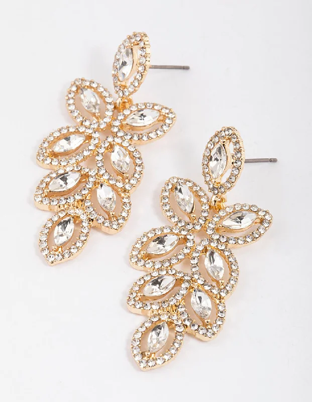 Trendy tassel ladies earrings-Gold Flower Cut Out Diamante Drop Earrings