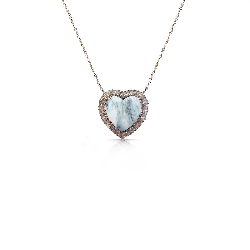 Wedding ladies necklaces with diamonds-14k White Buffalo Baguette Heart Necklace