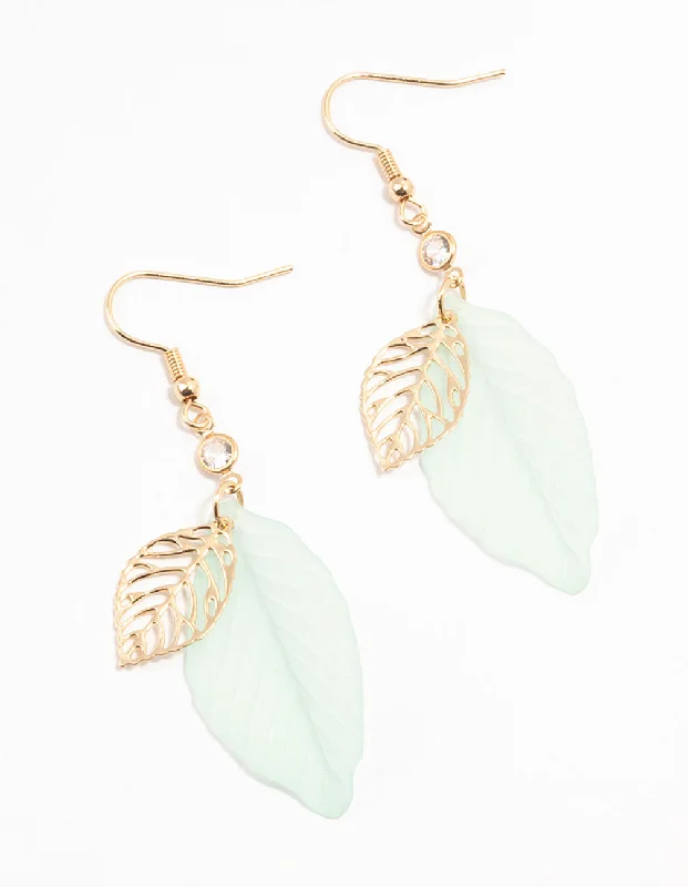 Luxury gold earrings with diamonds-Gold Filigree Green Acrylic Leaf Drop Earrings