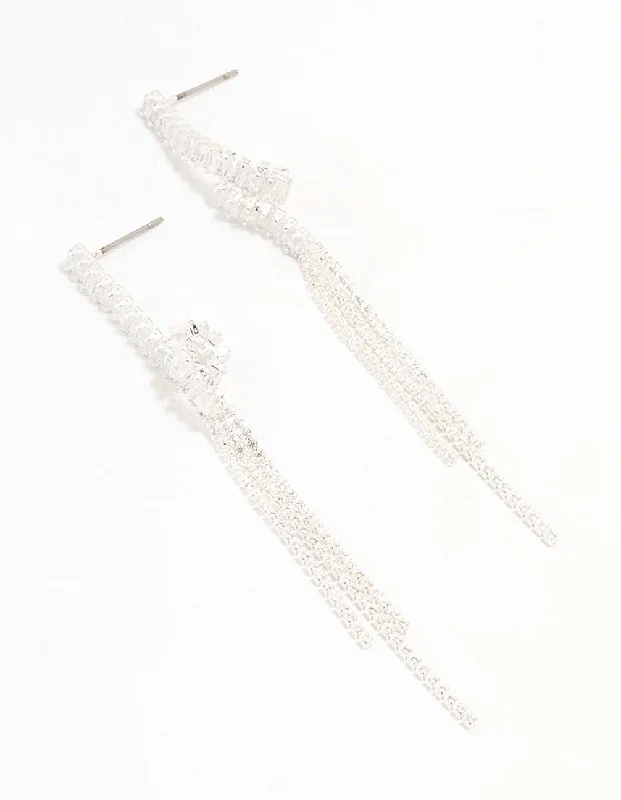 Modern statement ladies earrings-Silver Plated Baguette Loop Dangle Earrings