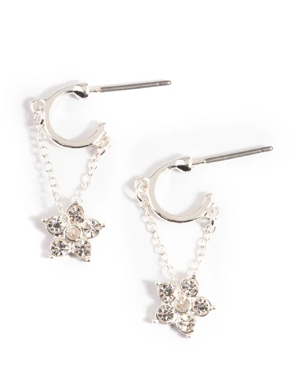 Trendy tassel ladies earrings-Silver Diamante Flower Chain Huggie Earrings