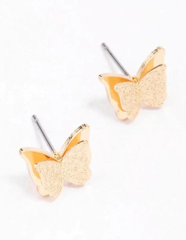 Large gemstone drop earrings-Gold Sandblast Butterfly Stud Earrings