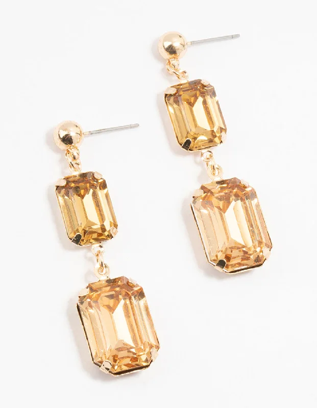 Simple hoop earrings for casual wear-Gold Double Rectangle Orange Diamante Drop Earrings