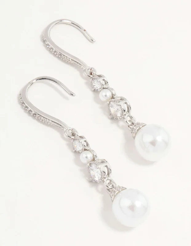 Crystal ladies earrings for parties-Silver Pearl & Cubic Zirconia Drop Hook Earrings