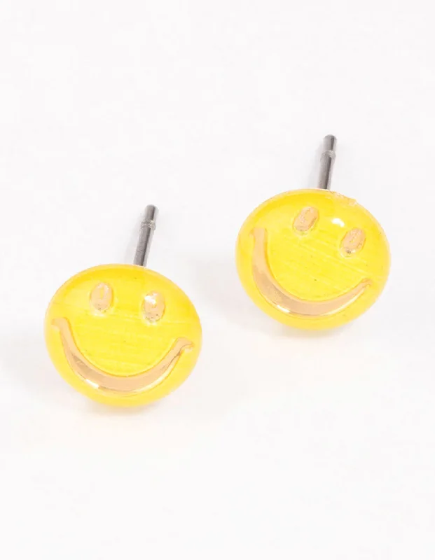 Opal gemstone ladies earrings-Yellow Happy Face Stud Earrings