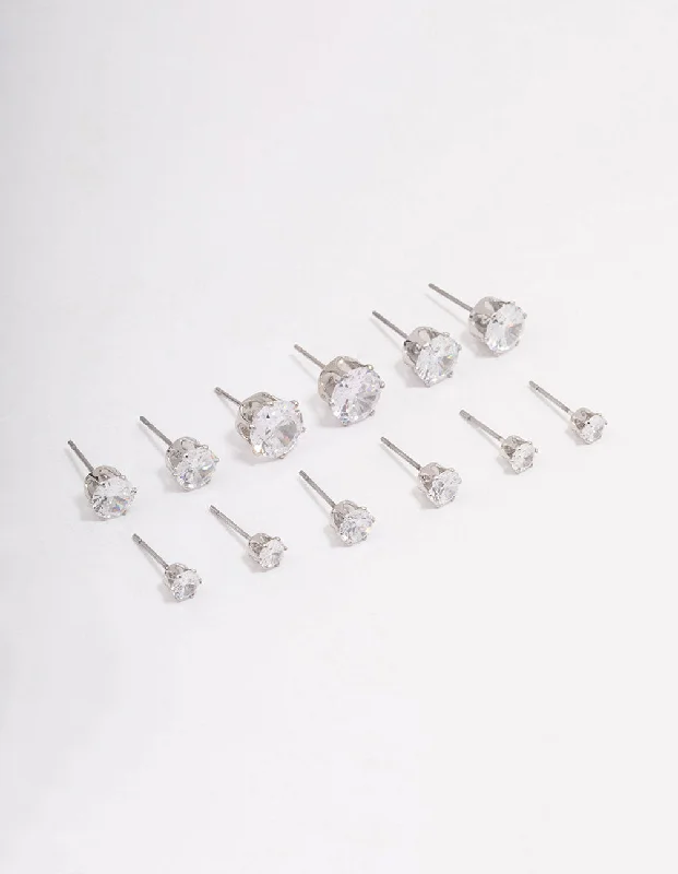 Vintage gemstone earrings-Silver Classic Round Cubic Zirconia Earring 6-Pack