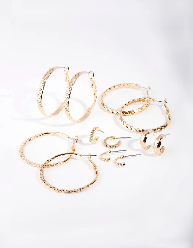 Minimalistic hoop ladies earrings-Gold Etched Twist Hoop Earring 6-Pack