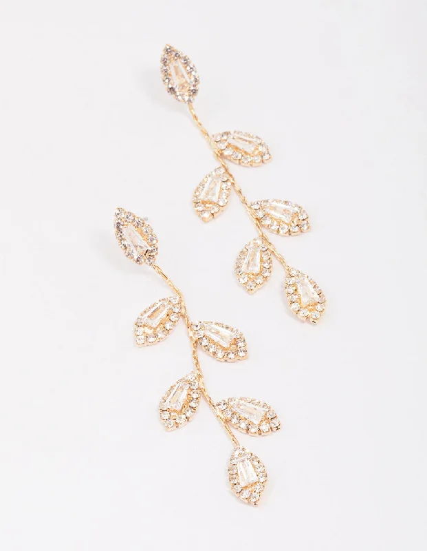 Sparkling diamond ladies earrings-Gold Diamante Leaf Drop Earrings