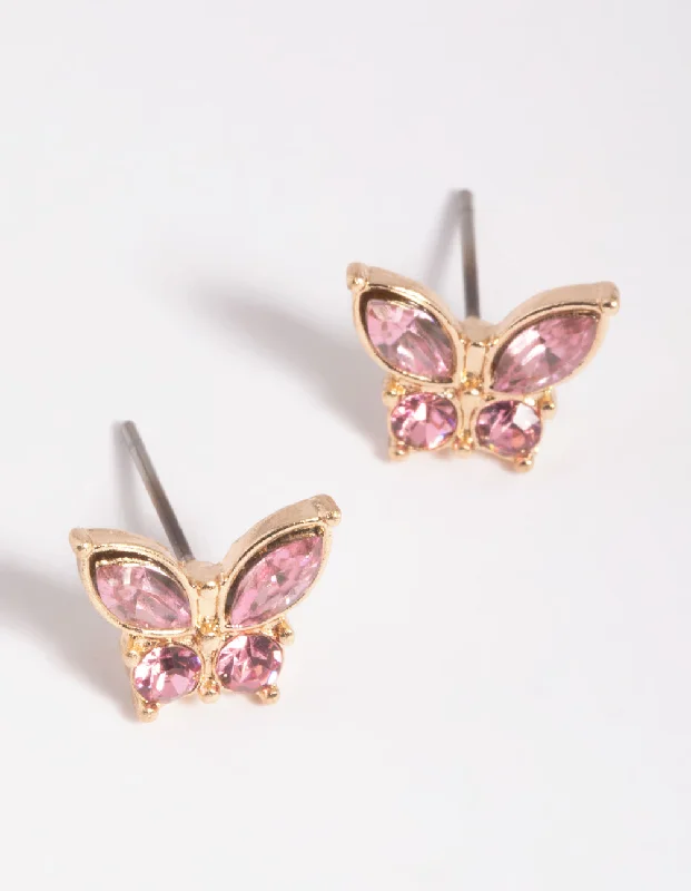 Silver hoop ladies earrings-Pink Diamante Butterfly Stud Earrings