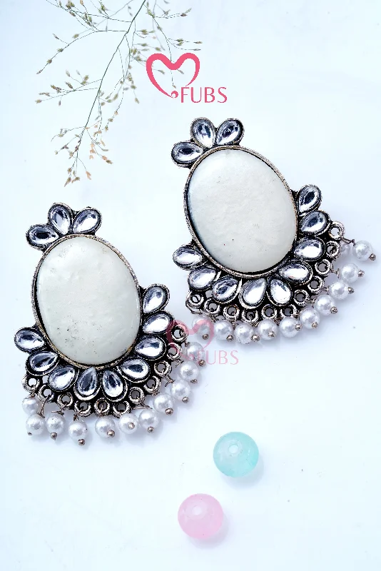 Designer ladies earrings for special occasions-Silver Oxidized Oval Pearl Drop Earrings