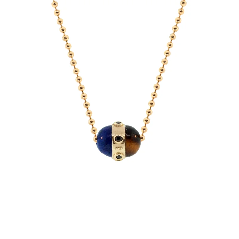 Bridesmaid ladies necklaces for weddings-Lapis/Tiger's Eye Pendant With Black Diamonds On A Gold Ball Chain Necklace