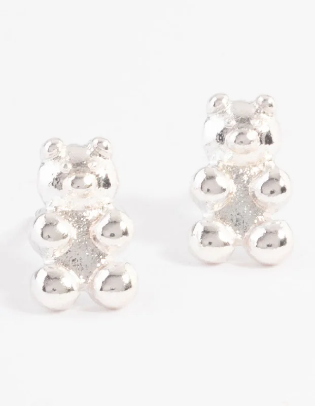 Elegant diamond drop earrings-Silver Teddy Bear Stud Earrings