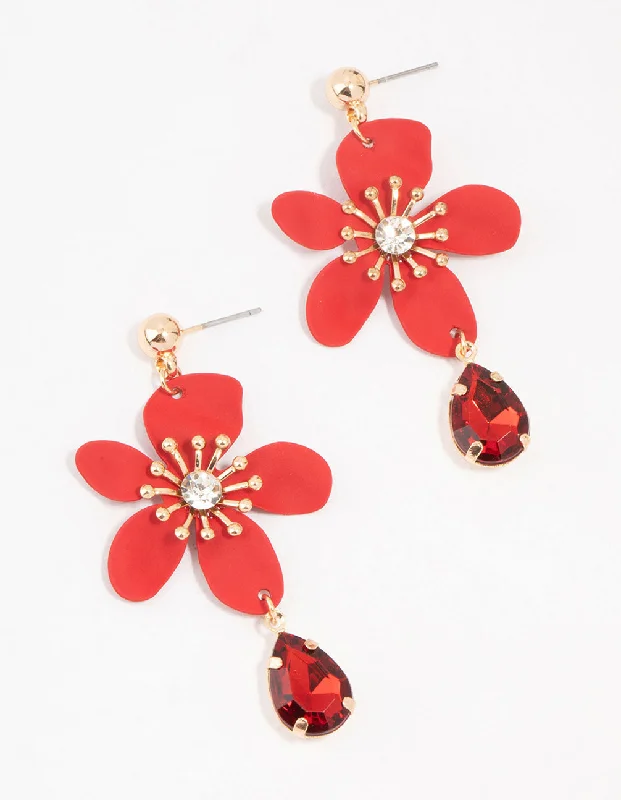 Unique design ladies earrings-Red Coated Metal Flower Pear Diamante Drop Earrings