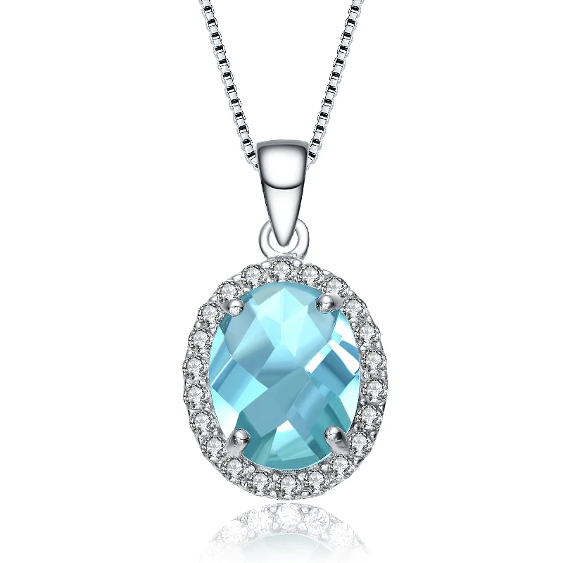 Personalized charm ladies necklaces-Sterling Silver Oval Ice Blue Cubic Zirconia Solitaire with Halo Necklace