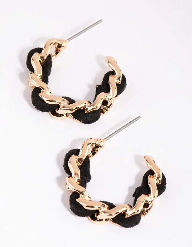 Classic round ladies earrings-Gold & Black PU Plait Hoop Earrings