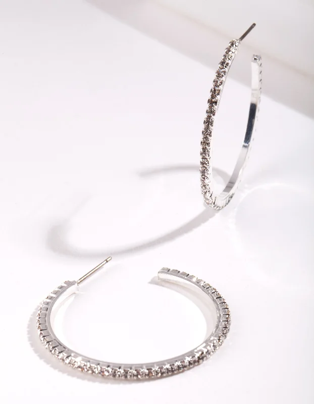 Luxury gold earrings with diamonds-Silver Medium Diamante Hoop Earrings