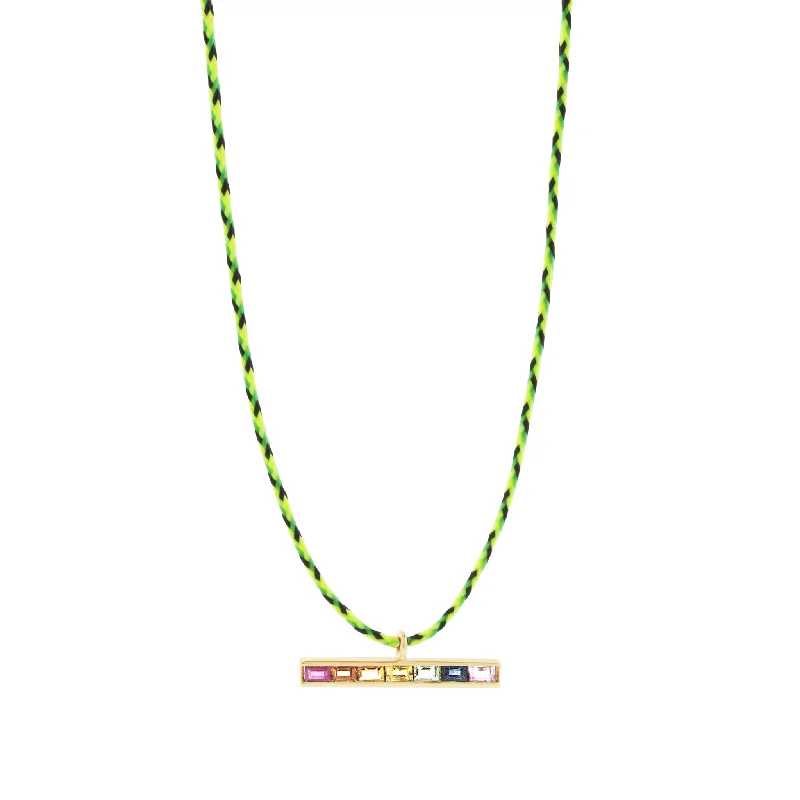 Ethereal ladies necklaces for fashion-Rainbow Sapphire Baguette ID Bar on Green Cord Necklace