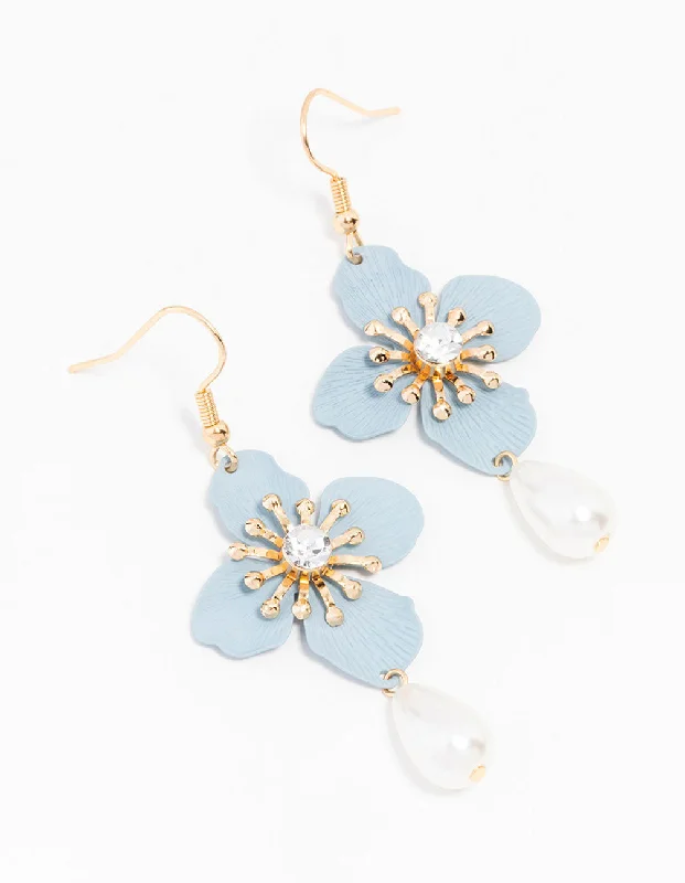 Custom name ladies earrings-Gold Blue Teardrop Pearl Flower Drop Earrings