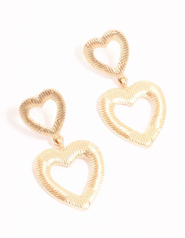 Fashionable ladies earrings with pearls-Gold Line Double Heart Drop Earrings