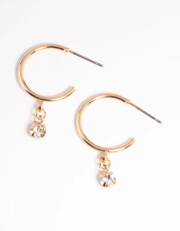 Large dangle earrings for women-Gold Diamante Drop Hoop Earrings