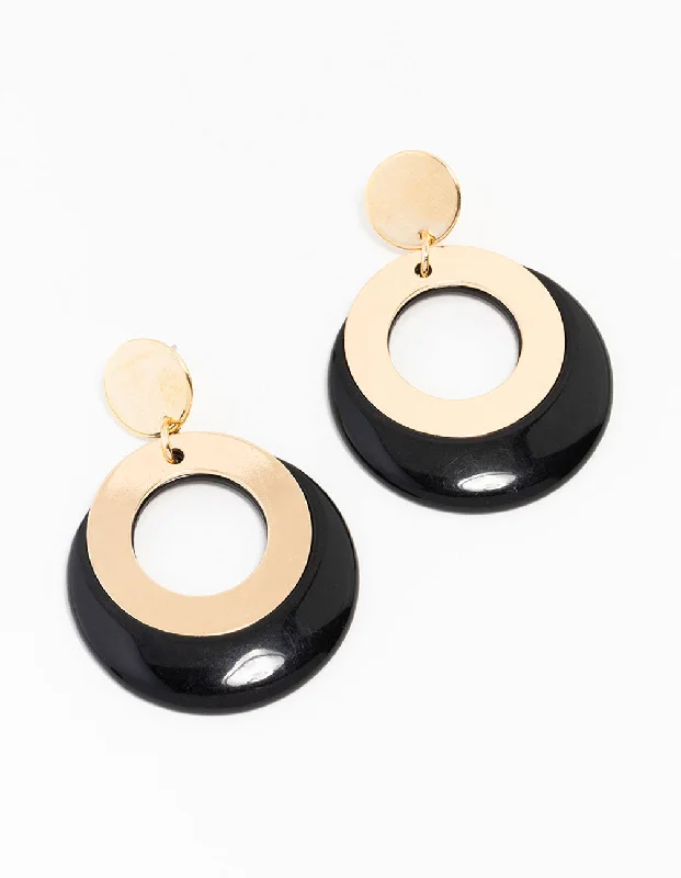 Stylish hoop earrings for women-Black Gold Acrylic Disc and Drop Earrings