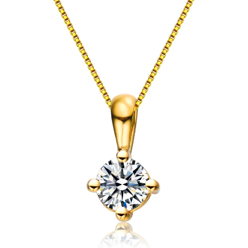 Bridesmaid ladies necklaces for weddings-.925 Sterling Silver With Gold Plated Clear Round Cubic Zirconia Solitaire Necklace