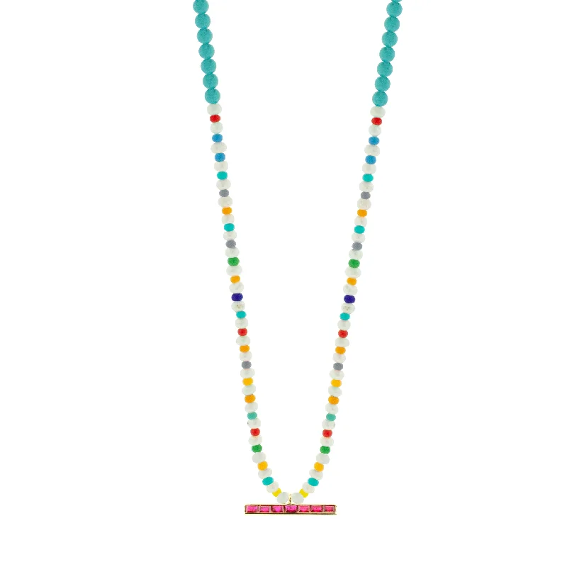 Simple chain ladies necklaces-Ruby Baguette ID Bar on Beaded Necklace