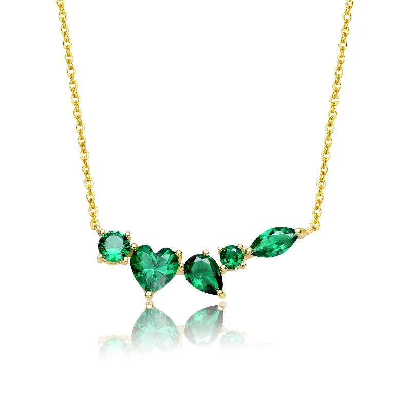 Luxury gemstone ladies necklaces-Sterling Silver 14k Yellow Gold Plated Mixed Cut Emerald Cubic Zirconia Cluster Necklace