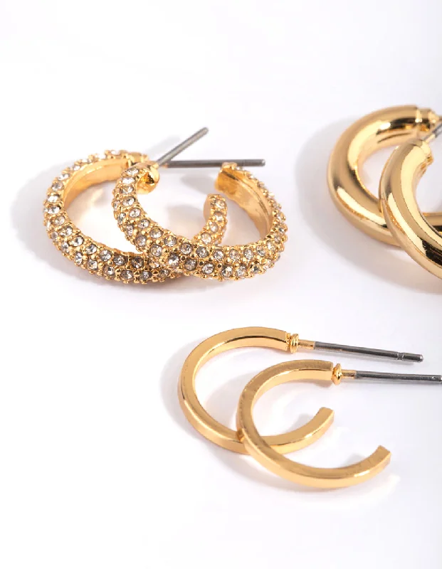 Unique design ladies earrings-Gold Plated Diamante Hoop Earring Pack