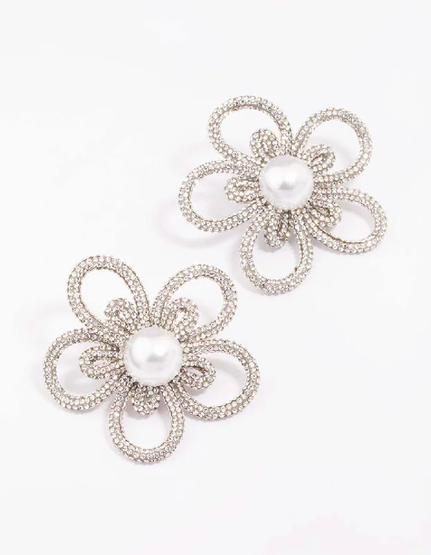 Heart-shaped ladies earrings for love-Silver Diamante & Pearl Flower Statement Stud Earrings