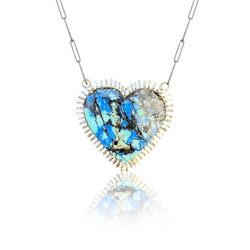 Yellow gold ladies necklaces with diamonds-14k Azurite Turquoise Baguette Heart Charm Necklace