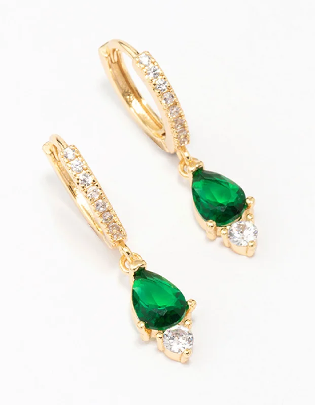 Trendy ladies earrings with gemstones-Gold Plated Pave Pear Round Drop Earrings