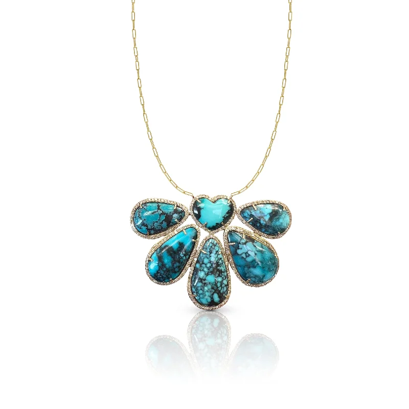 Bohemian-style ladies necklaces-14k Large Turquoise Free Form and Heart Necklace