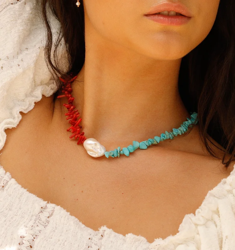 Modern design ladies necklaces for gifts-Pearl Necklace With Red Agate and Turquoise