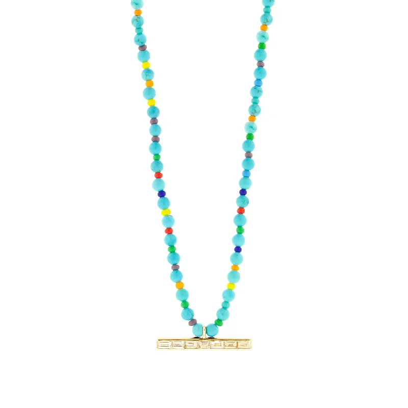 High-quality ladies necklaces with gemstones-TLC Diamond Baguette ID Bar on Turquoise Beaded Necklace