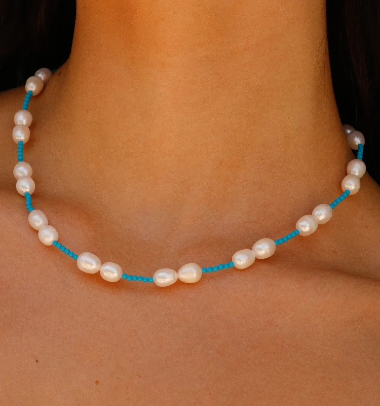 Precious stone ladies necklaces for gifts-Pearl Necklace With Mini Turquoise