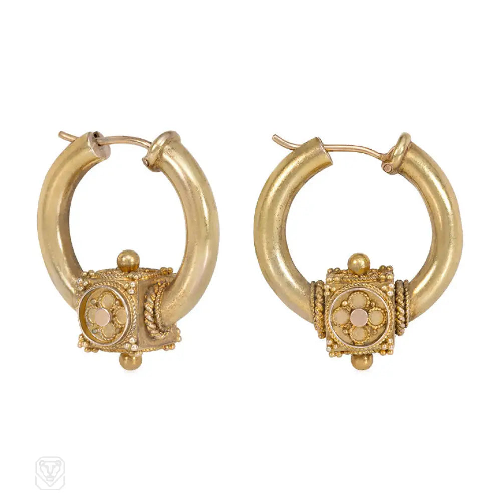 Vintage style ladies earrings-Antique gold boxed hoop earrings