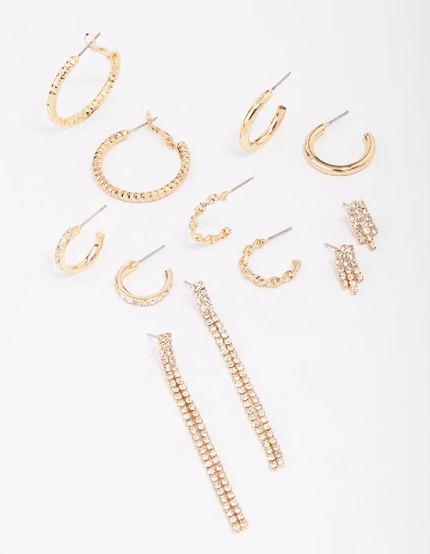 Stylish statement earrings for ladies-Gold Mixed Diamante Stud Earring 6-Pack