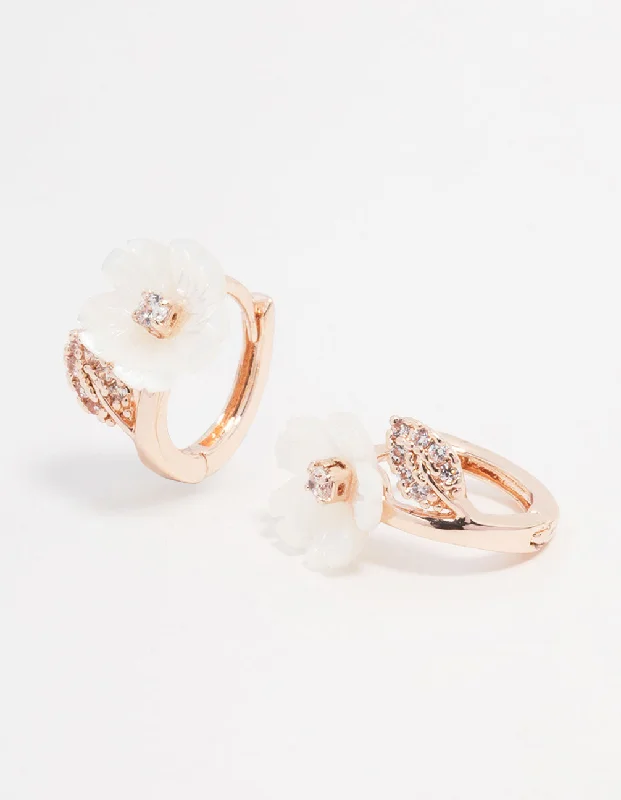 Bridal earrings for ladies-Rose Gold Plated Flower Pearl Hoop Earrings