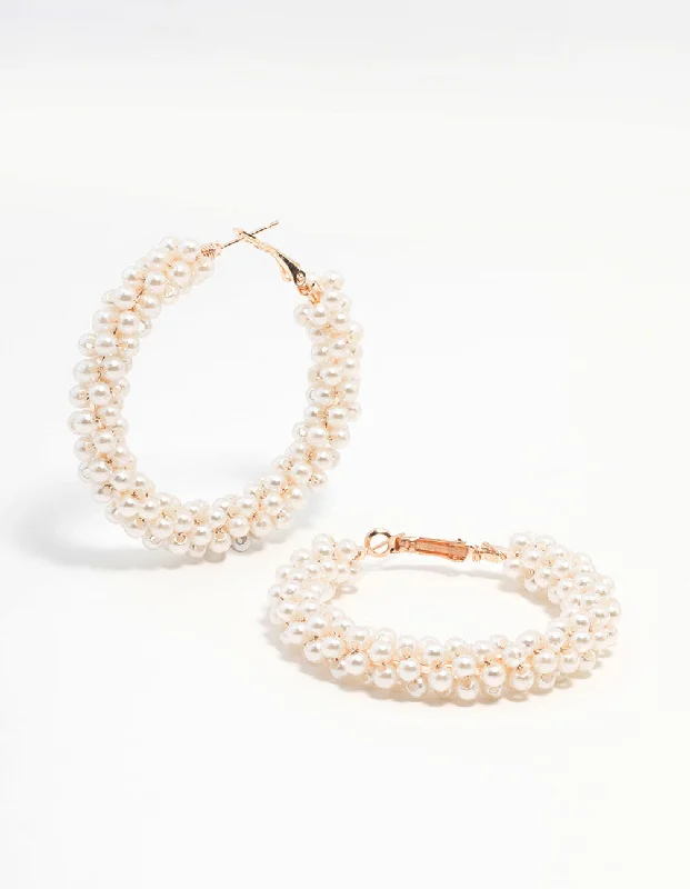 Stylish statement earrings for ladies-Rose Gold Pearl Medium Hoop Earrings