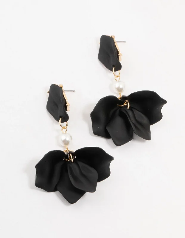 Silver ladies earrings for evening wear-Black Coated Pearl Floral Drop Earrings