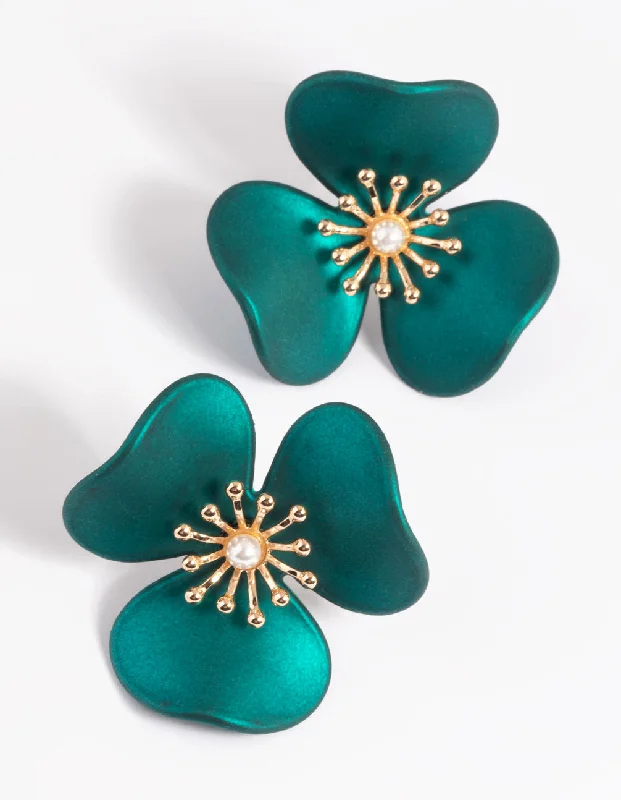 Luxury gold ladies earrings-Green Statement Flower Stud Earrings